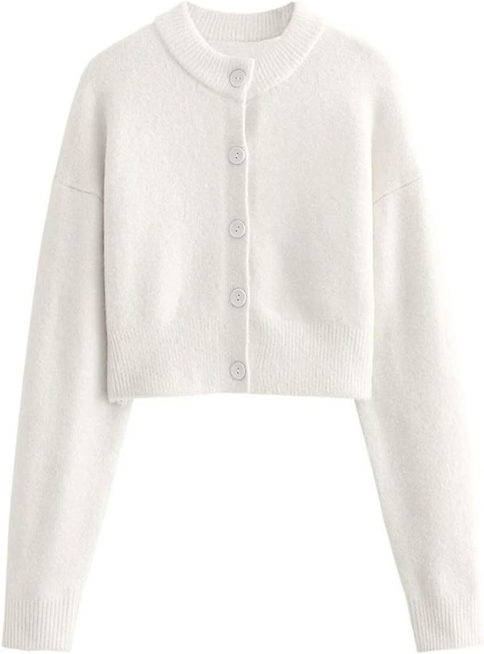 FindThy Women’s Cropped Cardigan Sweater Crewneck Solid Color Long Sleeve Button Down Knitted O... | Amazon (US)
