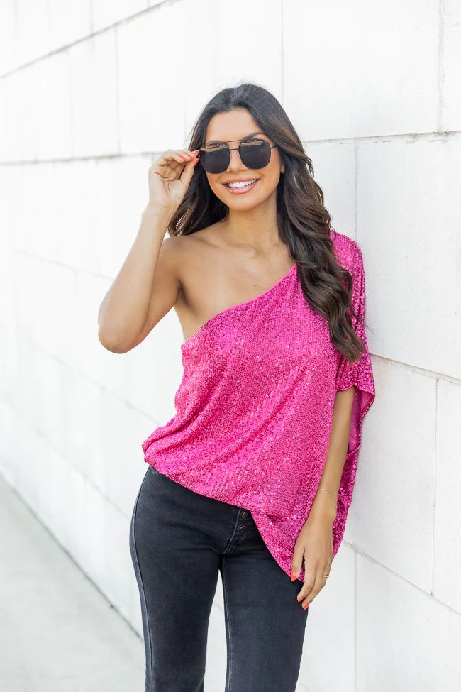 Can't Ask For More Pink Sequin One Shoulder Top | Pink Lily