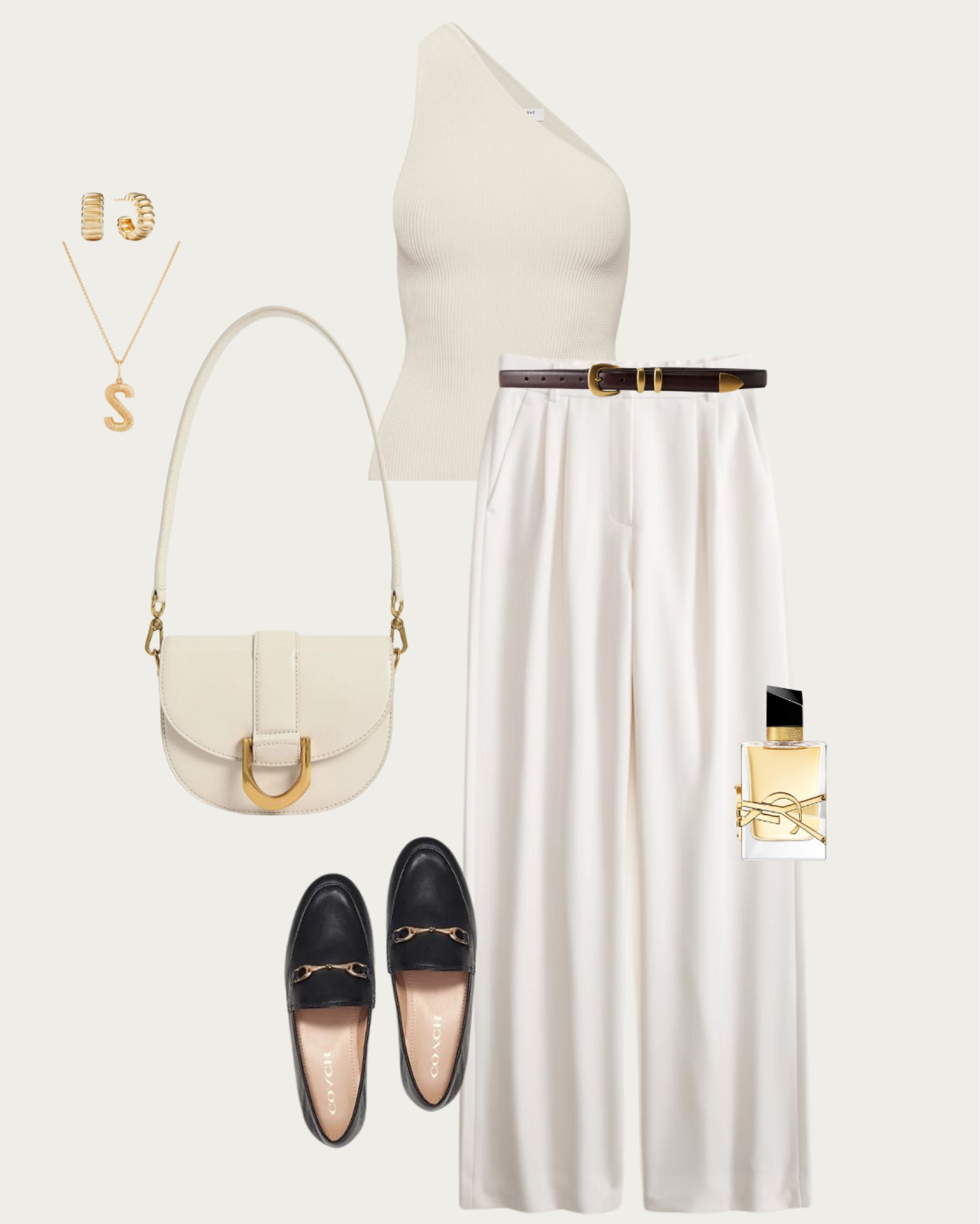Discover the power of monochrome with this one-shoulder top and wide-leg trousers ensemble, accented with elegant gold jewelry and classic loafers. The balance of sophistication and trend speaks volumes. Add the handbag and a hint of luxurious scent to elevate your day. #MonochromeStyle #GoldAccents #ElegantOutfits #ChicFashion #ShopTheLook #MonochromeMagic #ChicAndElegant #GoldDetailing #SophisticatedStyle #MinimalistLuxury