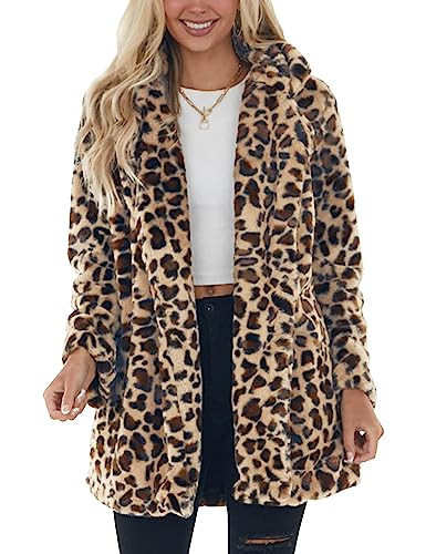 SeekMe Womens Faux Fur Coats Leopard Jackets Loose Warm Fall Winter Fluffy Jacket Outwear(1807-BeigeBrown-Small-FY) | Amazon (US)