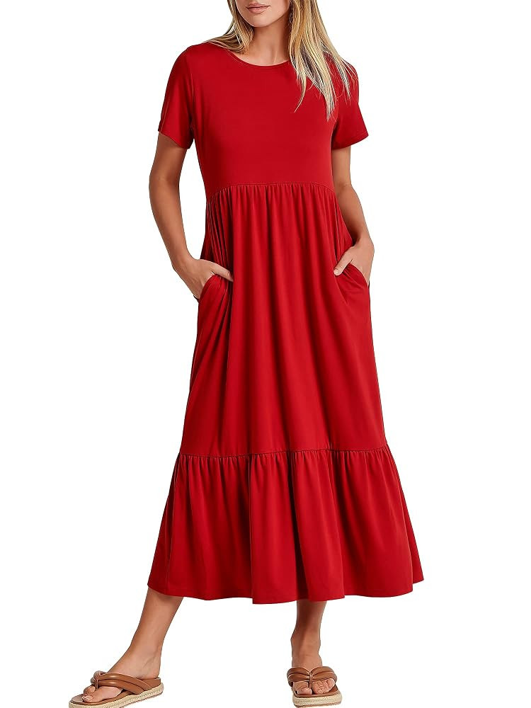 ANRABESS Womens 2025 Summer Casual Maxi Dress A line Tiered Flowy Short Sleeve Crewneck T Shirt B... | Amazon (US)
