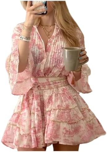 SOLY HUX Women's Floral Ruffle Mini Dress V Neck 3/4 Sleeve Flowy Boho Vacation Dresses | Amazon (US)