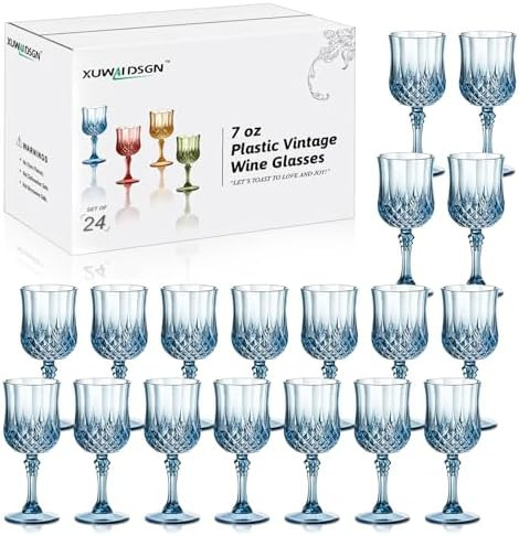 XUWAIDSGN 24 Pcs 7oz Plastic Vintage Wine Glasses Drinking Glasses Unbreakable Wedding Glassware ... | Amazon (US)