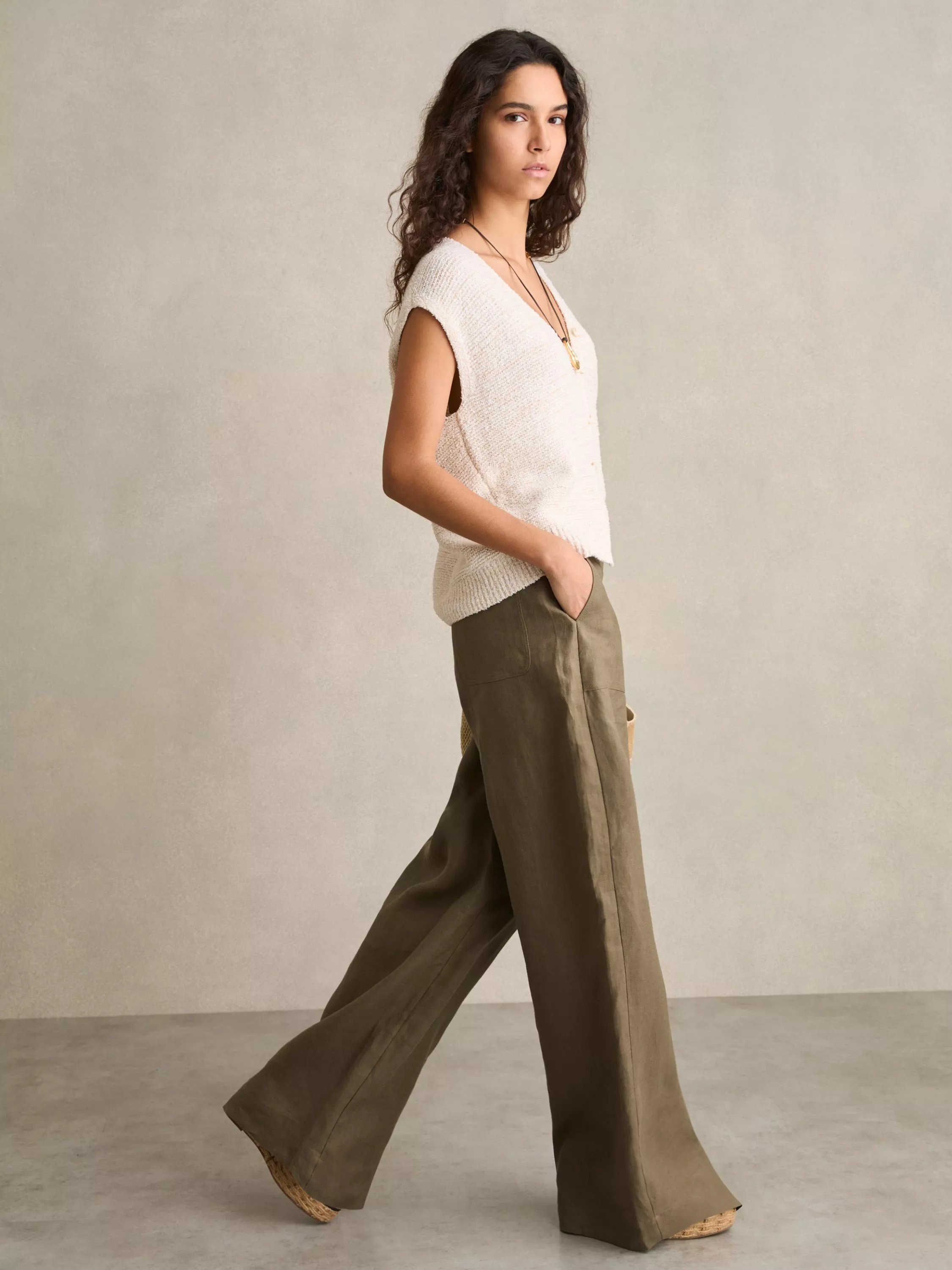 Reiss Petite Ashby Wide Leg Pure Linen Trousers, Khaki | John Lewis (UK)