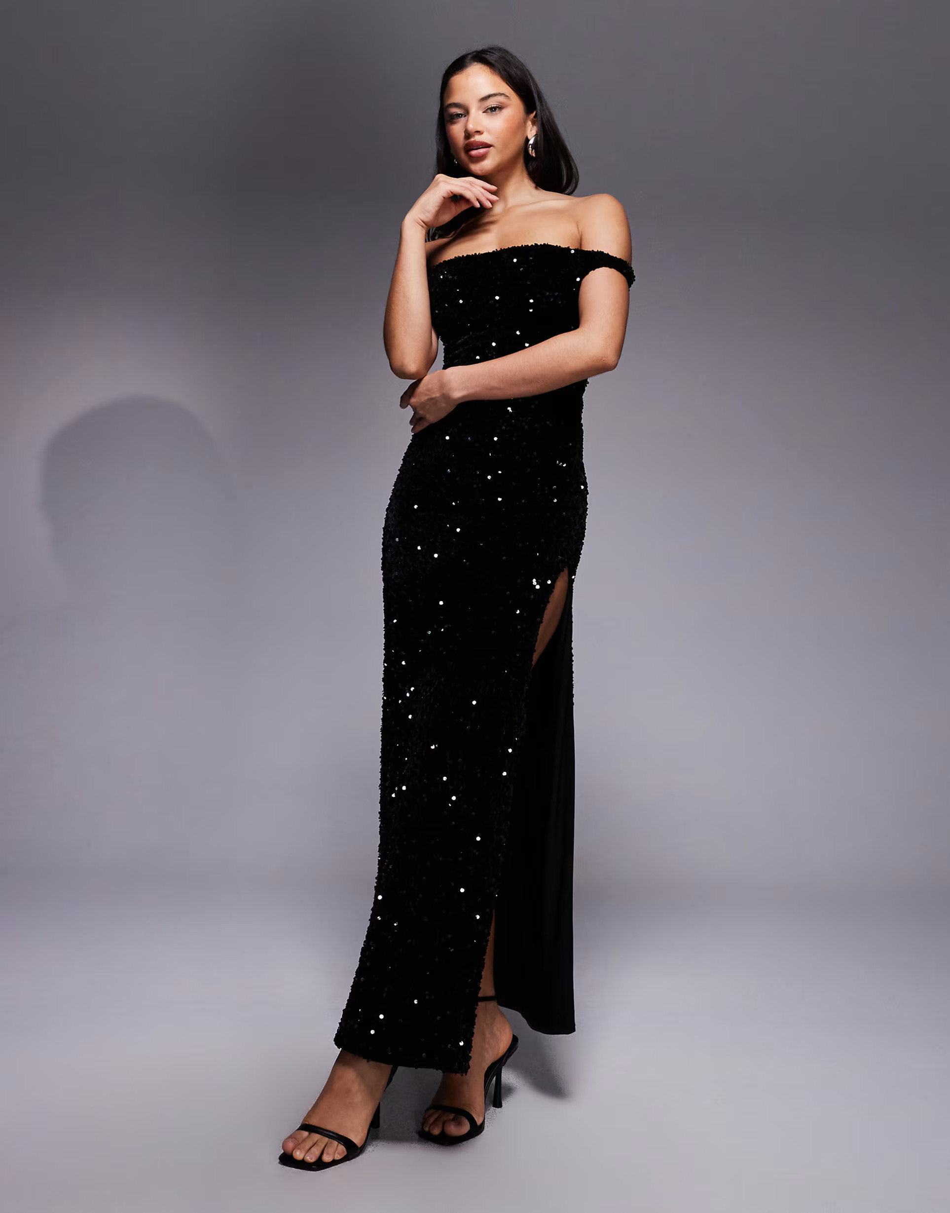 ASOS DESIGN velvet sequin twist shoulder with lace up back maxi dress in black | ASOS (Global)