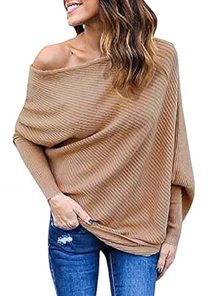 FISACE Womens Knitted One Shoulder Batwing Sleeve Loose Pullover Sweater Jumper | Amazon (US)
