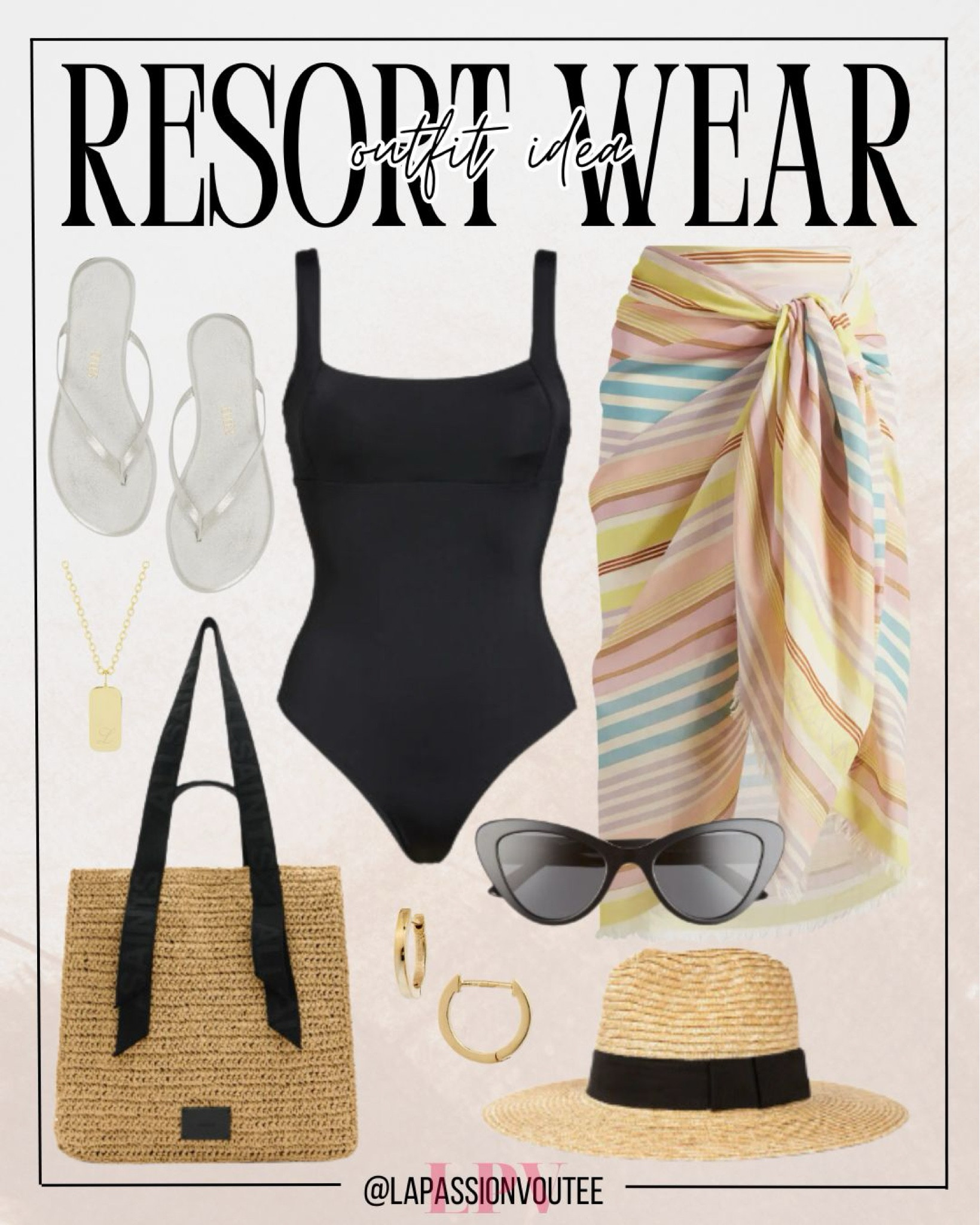 Elevate your poolside style with a square neck one-piece swimsuit paired with a striped pareo cover-up. Add a touch of elegance with hoop earrings and a necklace, while stylish sunglasses and a straw hat provide sun protection. Complete the ensemble with a straw tote bag and glittery flip flops for a glamorous resort look.

#LTKswim #LTKstyletip #LTKSeasonal