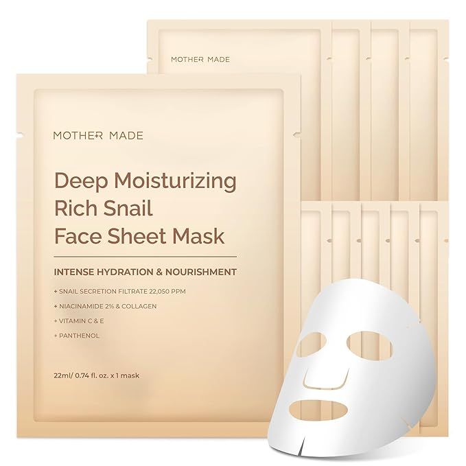 MOTHER MADE Moisturizing Snail Mucin Face Mask 10 Sheets, 22,050ppm Snail Secretion Filtrate, Col... | Amazon (US)