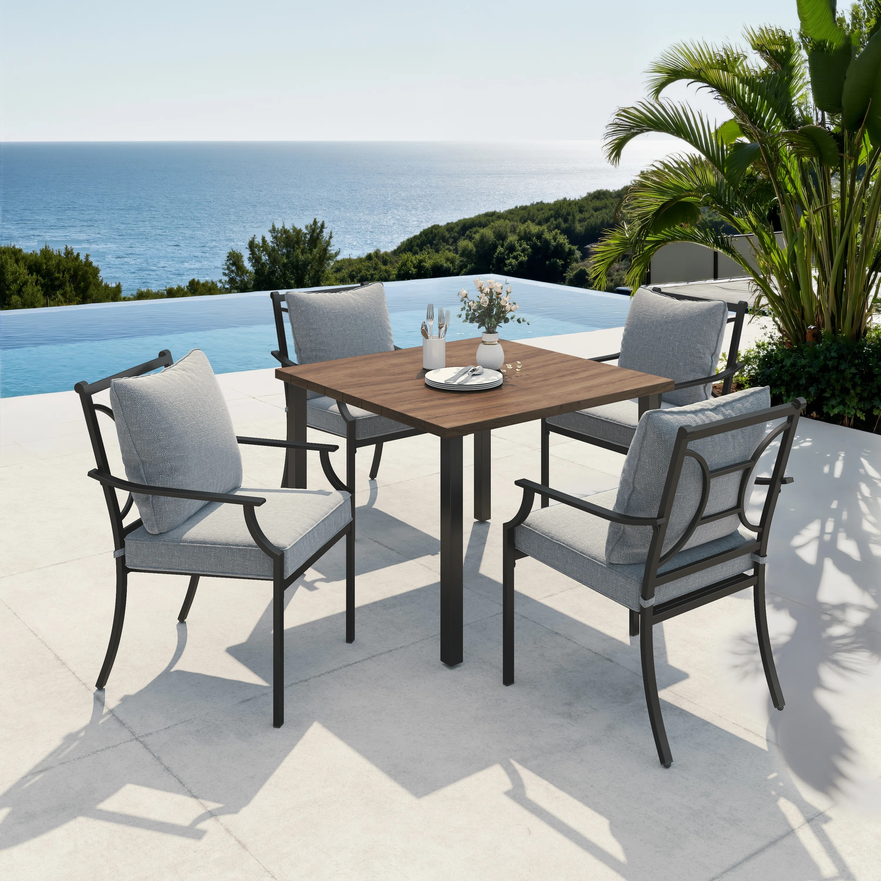 4-Person Outdoor Dining Set With Sailor Steel Table & Fixed Cushioned Armchairs | Wayfair North America