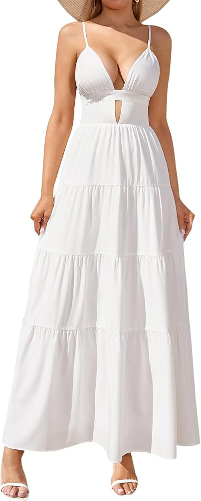 EYNMIN Summer Floral Maxi Casual Dress Boho V Neck Spaghetti Strap Long Flowy Ruffle Vacation Bea... | Amazon (US)