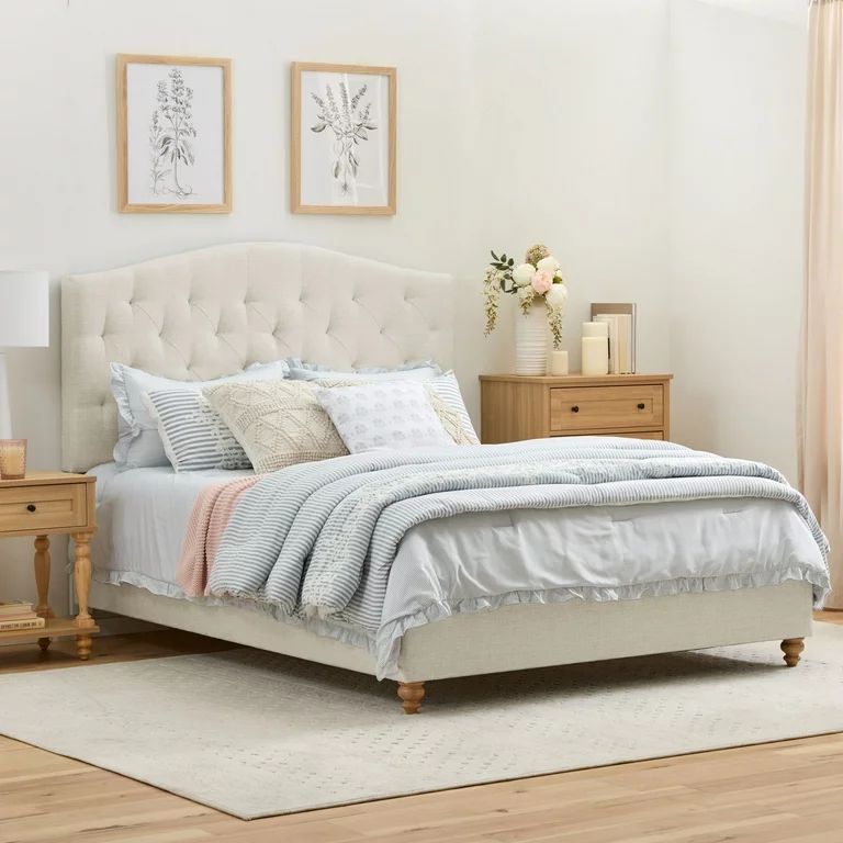 My Texas House Anna Upholstered Diamond Tufted Platform Bed, King, Oat | Walmart (US)