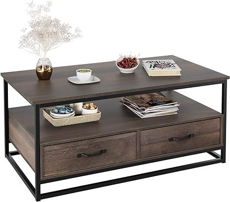 HOMECHO Industrial Coffee Table 43”, Wood and Metal Cocktail Table with Storage Shelf and 2 Dra... | Amazon (US)