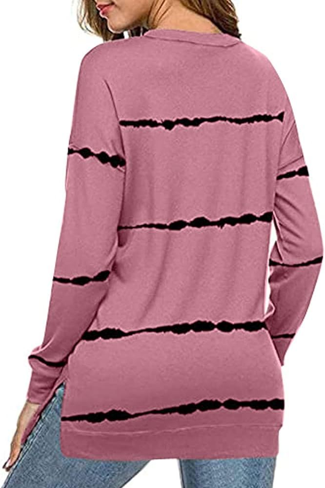 Biucly Womens Casual Crewneck Tie Dye Sweatshirt Striped Printed Loose Soft Long Sleeve Pullover Top | Amazon (US)