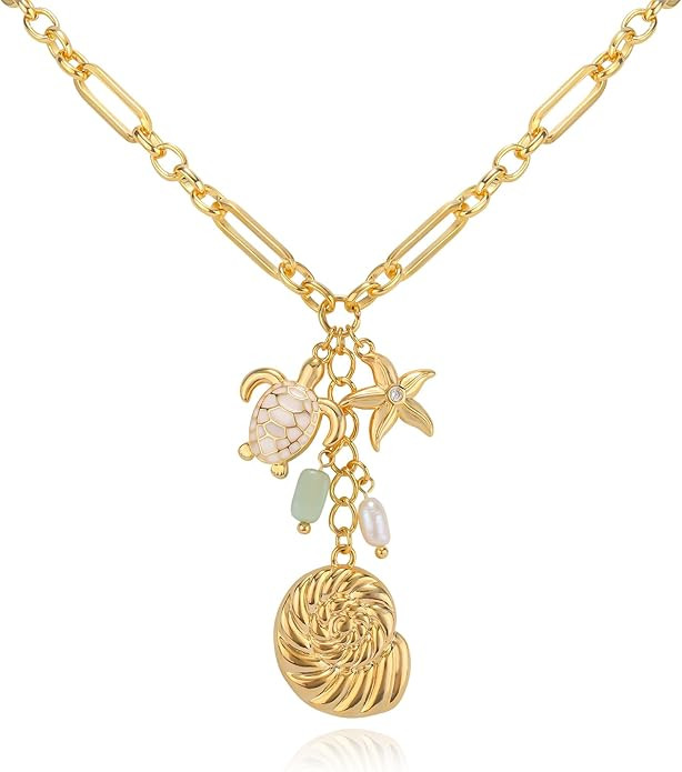 NEKOL Evil Eye Conch Peace Sign Butterfly Charm Necklace for Women, 14K Gold Plated Choker Charm ... | Amazon (US)