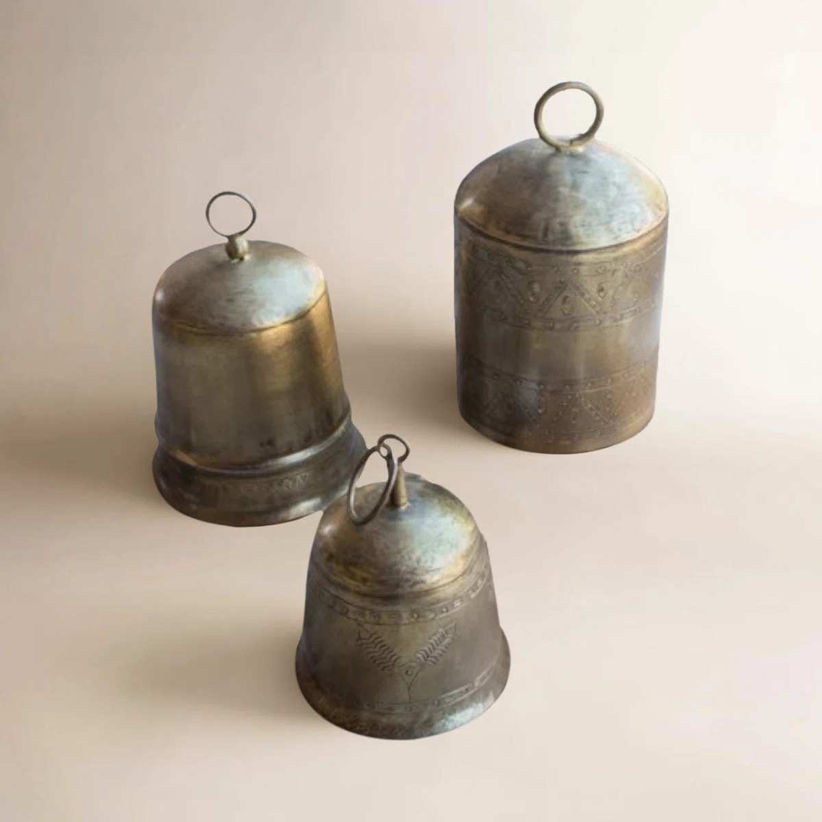 Set of 3 Brass Finish Etched Metal Bells Decorative Holiday Tabletop Accents | Wayfair North America