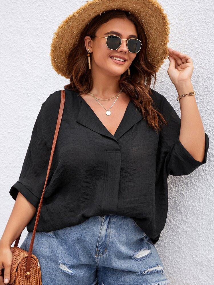Plus Solid Batwing Sleeve Blouse | SHEIN