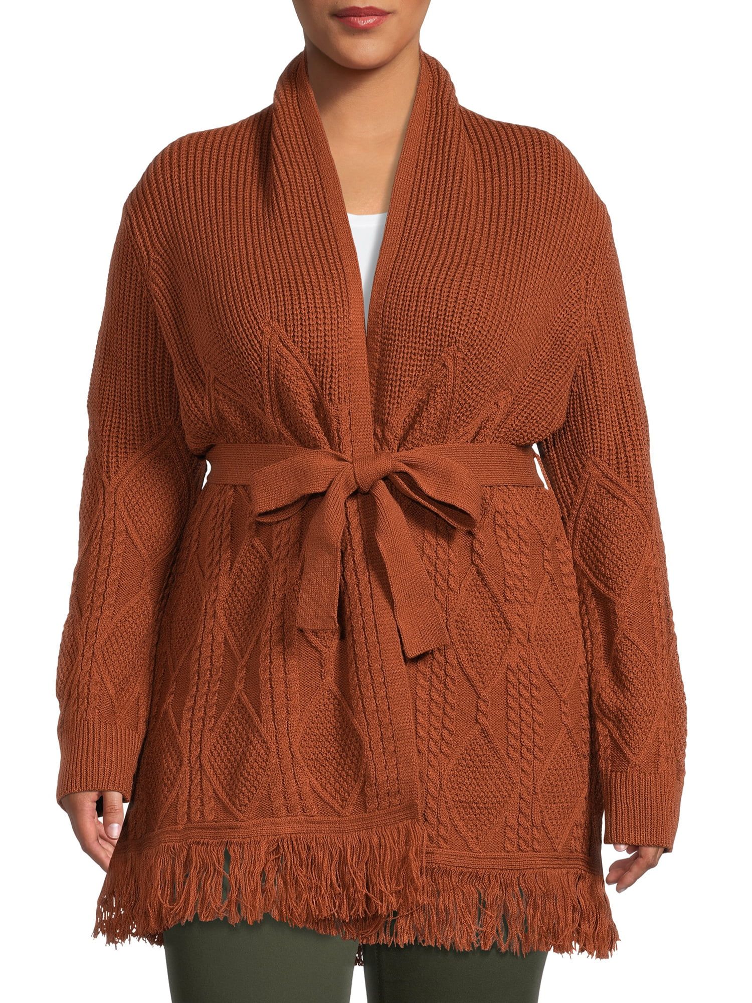 Absolutely Famous Women's Plus Size Shawl Collar Belted Cable Knit Cardigan | Walmart (US)