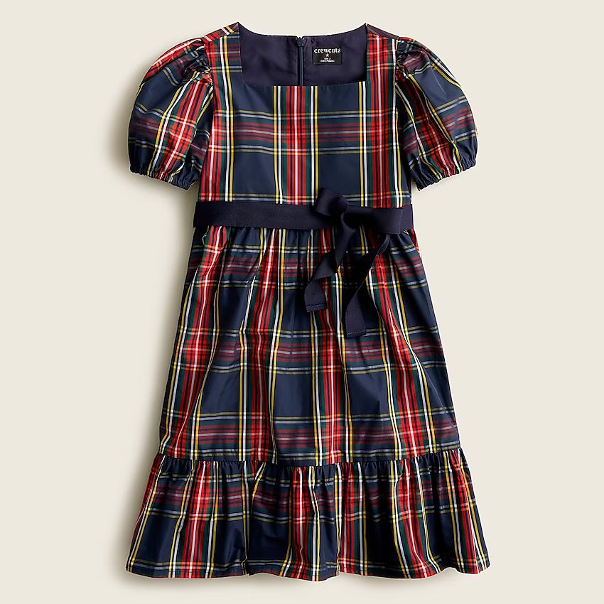 Girls' puff-sleeve dress in Stewart tartan | J.Crew US