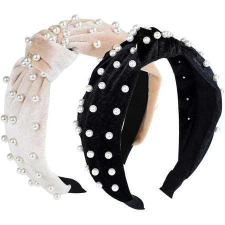 2 Pack Pearl Knot Headband Velvet Wide Headbands Knot Turban Headband Vintage Hairband with Faux Pea | Walmart (US)