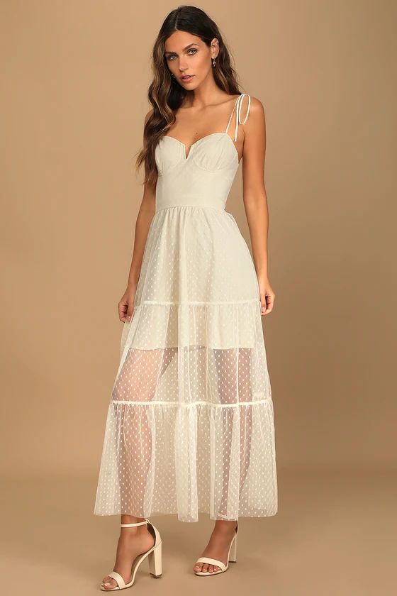 Romantic Spot Cream Polka Dot Mesh Tiered Midi Dress | Lulus (US)