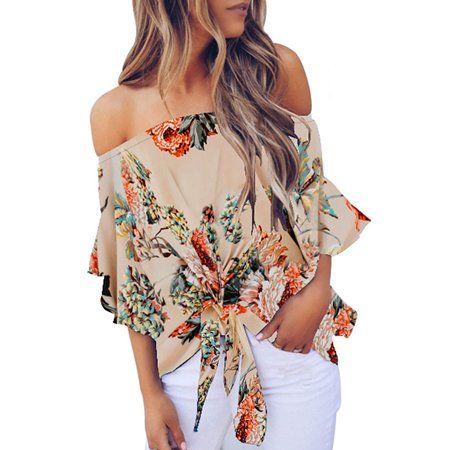Follure Women Summer Off Shoulder Tie Knot Floral Print Tops Casual Shirts Blouse(Beige L) | Walmart (US)