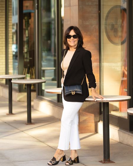 Fall outfit idea! I love lightening up a black blazer with ecru jeans and a tan tank! I love these Gucci Horsebit sandals - so classic!

#LTKover40 #LTKSeasonal #LTKstyletip