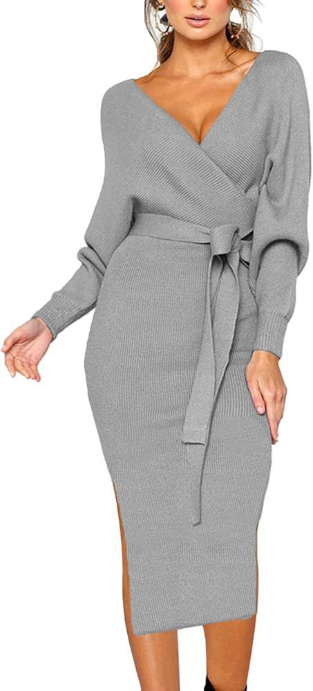 CHERFLY Women's V Neck Sweater Dresses Batwing Long Sleeve Backless Bodycon Dress with Belt | Amazon (US)