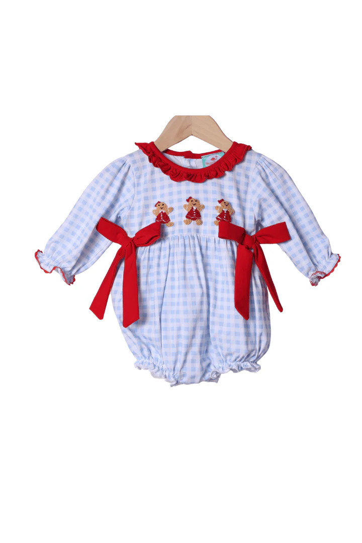 French Knot Gingerbread Blue Gingham Ruffle Bubble | The Smocked Flamingo