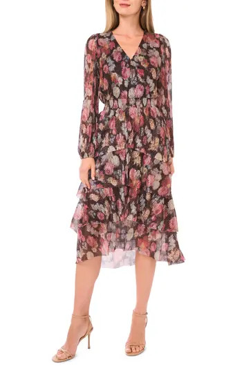 Vince Camuto Metallic Floral Long Sleeve Plissé Midi Dress in Rich Black at Nordstrom Rack, Size X-Small | Nordstrom Rack
