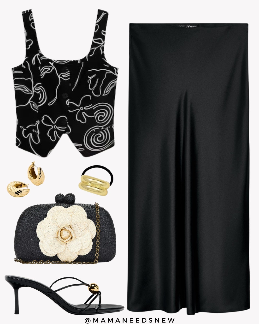 A summer outfit with a vest top, satin skirt, heels & clutch bag with flower detail 🖤

#LTKItBag #LTKStyleTip #LTKSaleAlert