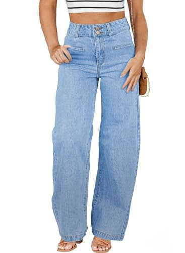 Eytino Plus Size Jeans for Curvy Women High Rise Straight Leg Stretchy Jeans Trendy Loose Wide Leg Denim Pants with Pockets,3X Iceland Blue | Amazon (US)