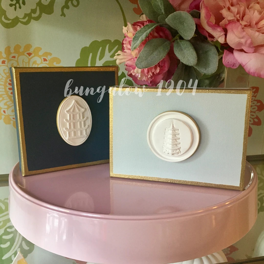 Chinoiserie Pagoda Plaster Intaglio Art on 5X7 or 6x6 Extra Deep Canvas, Mixed Media Wall Hanging... | Etsy (US)