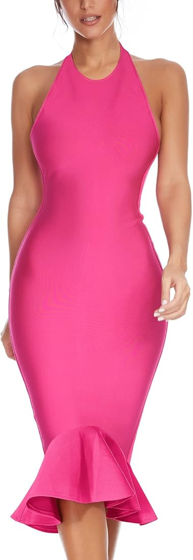 houstil Women's Halter Backless Fishtail Bandage Bodycon Dress Party Club Party | Amazon (US)