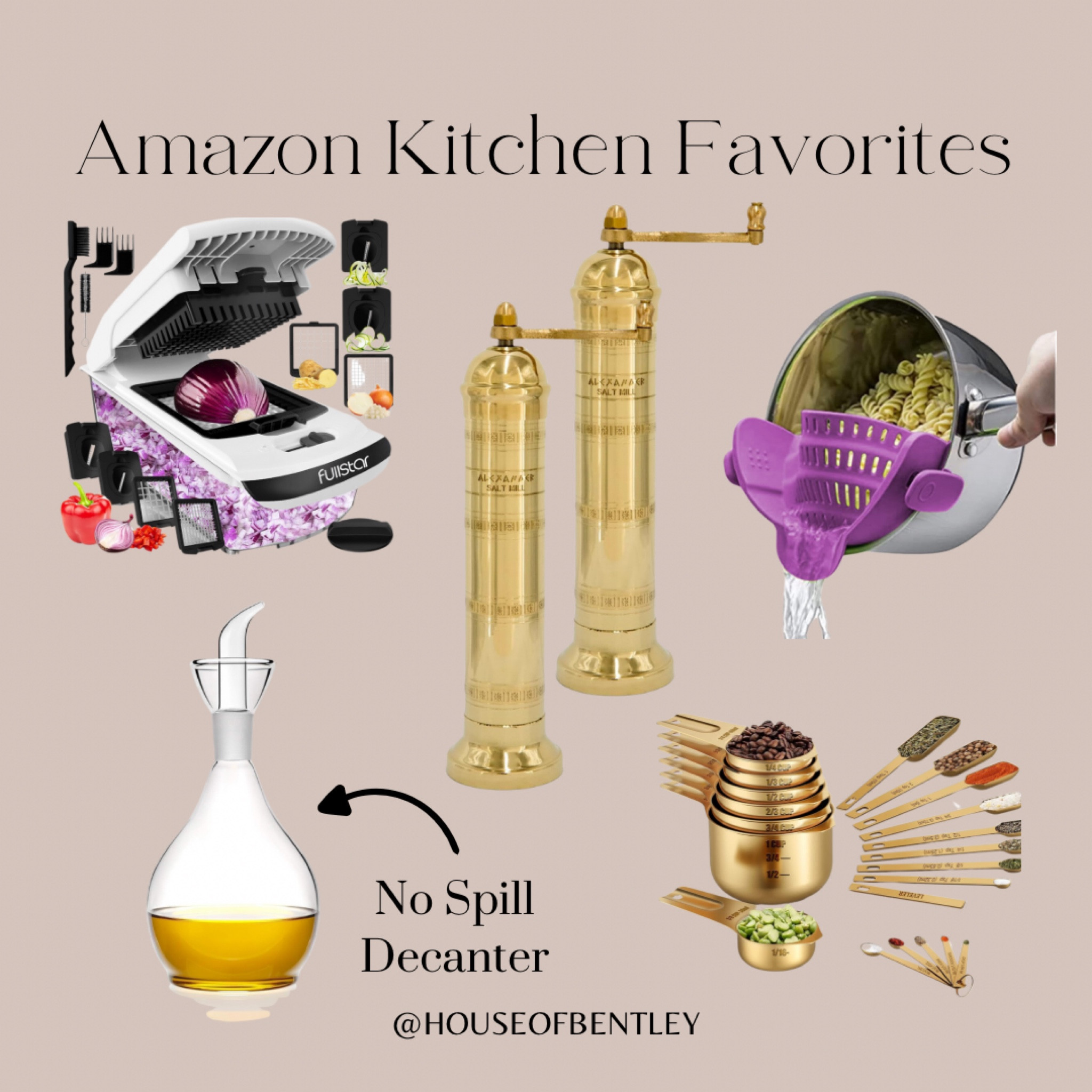 Kitchen cooking essentials on Amazon Prime Sales today. Silicone pot pan strainer that clips, gold measuring cups and spoons set, no spill oil decanter, vegetable chopper for veggies and brass European salt and pepper mills  

#LTKSaleAlert #LTKFindsUnder50 #LTKHome
