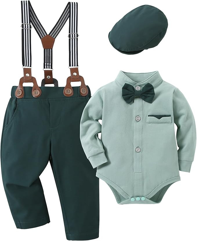 Baby Boy Clothes Suits 0-24M Infant Gentleman Outfit Long Sleeve Dress Shirt+Suspender Pants+Bowt... | Amazon (US)