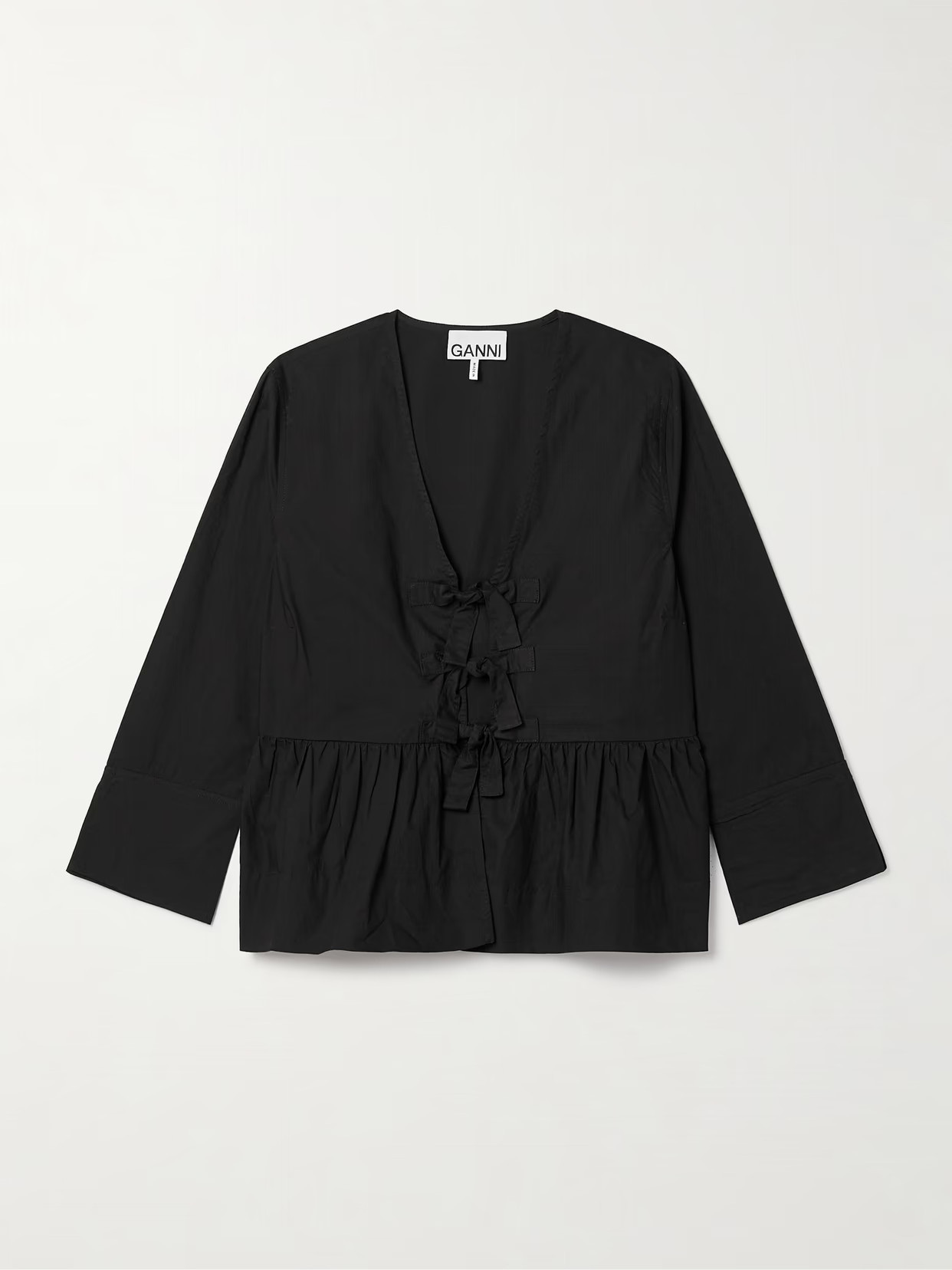 GANNI - + Net Sustain Tie-front Organic Cotton-poplin Peplum Blouse - Black - EU 44 | NET-A-PORTER APAC