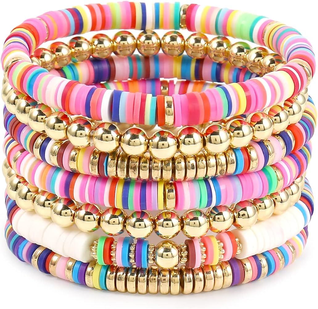 Elegance 11 designs Heishi Beaded Bracelets For Women Polymer Clay Colorful Surfer Stackable Bead... | Amazon (US)