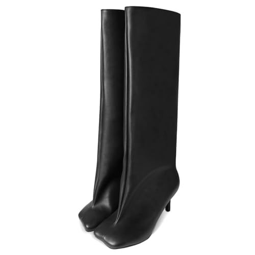 UBWDU Women's Knee High Boots Wide Calf Square Toe Stiletto Heels Tall Booties High Heel Long Boots Black PU Size 10.5 | Amazon (US)
