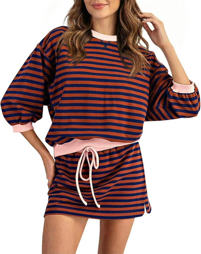Wenrine Womens 2 Piece Striped Mini Skirt and Sweatshirt Set Long Sleeve Oversized Matching Skort... | Amazon (US)