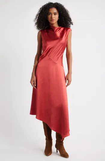 Open Edit Cowl Neck Asymmetric Satin Midi Dress | Nordstrom | Nordstrom