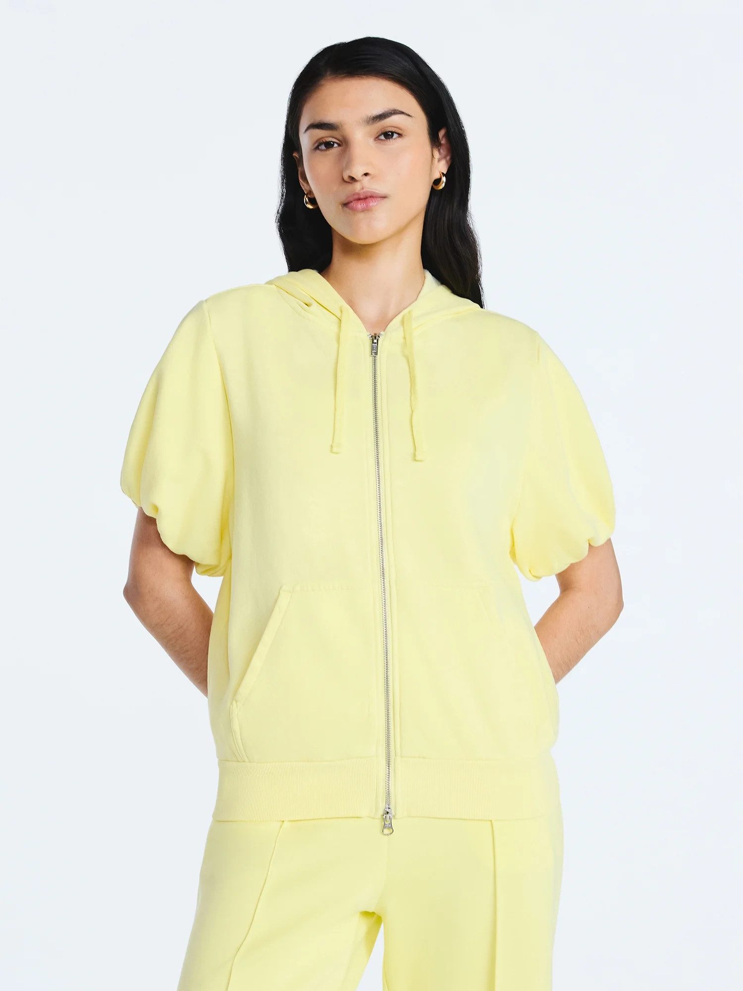 Scoop Women’s Mineral Washed Zip Hoodie with Short Puff Sleeves, Sizes XS-XXL | Walmart (US)