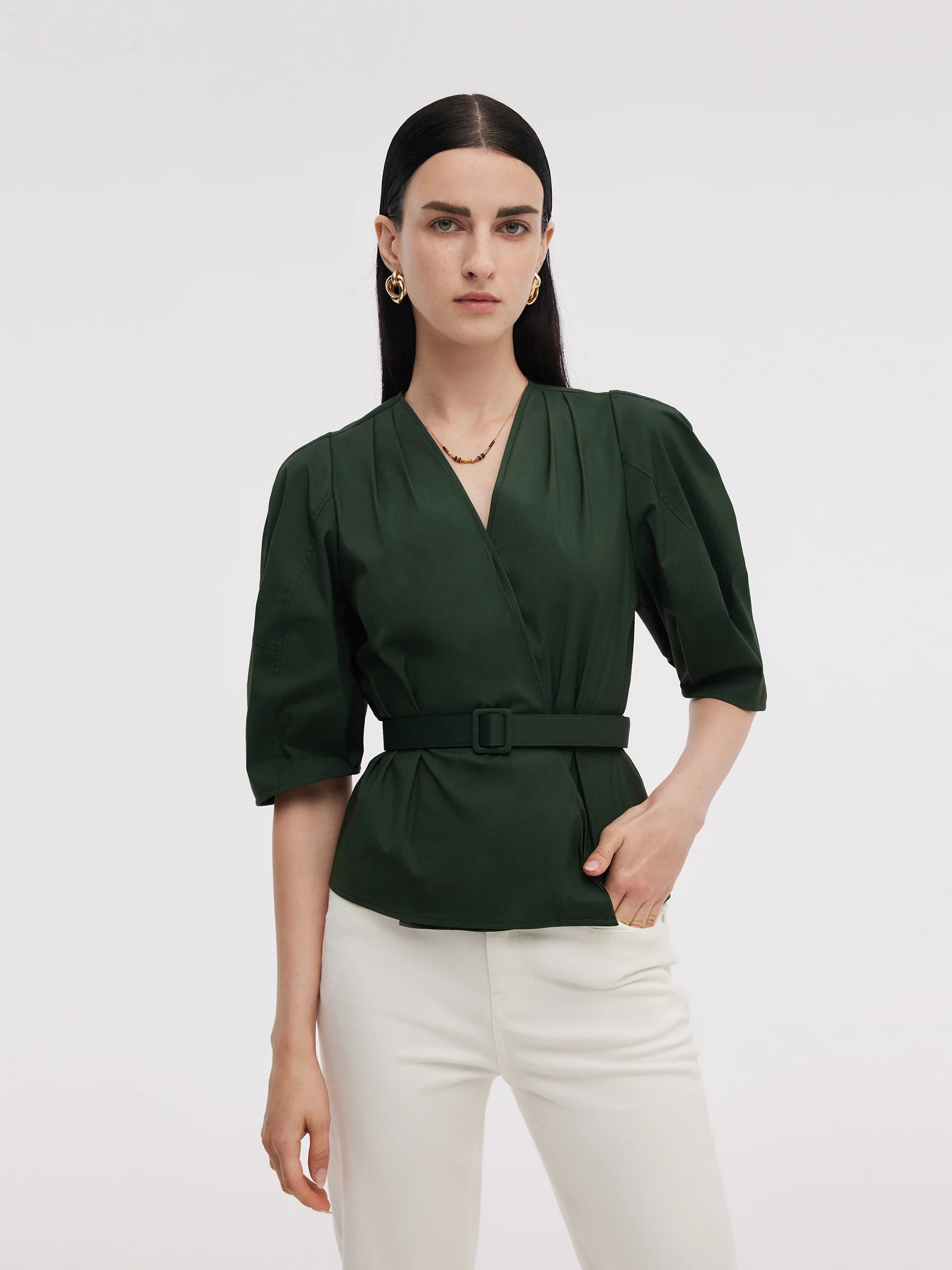 Dark Green V-Neck Women Blouse With Belt - Dark Green / S | GOELIA