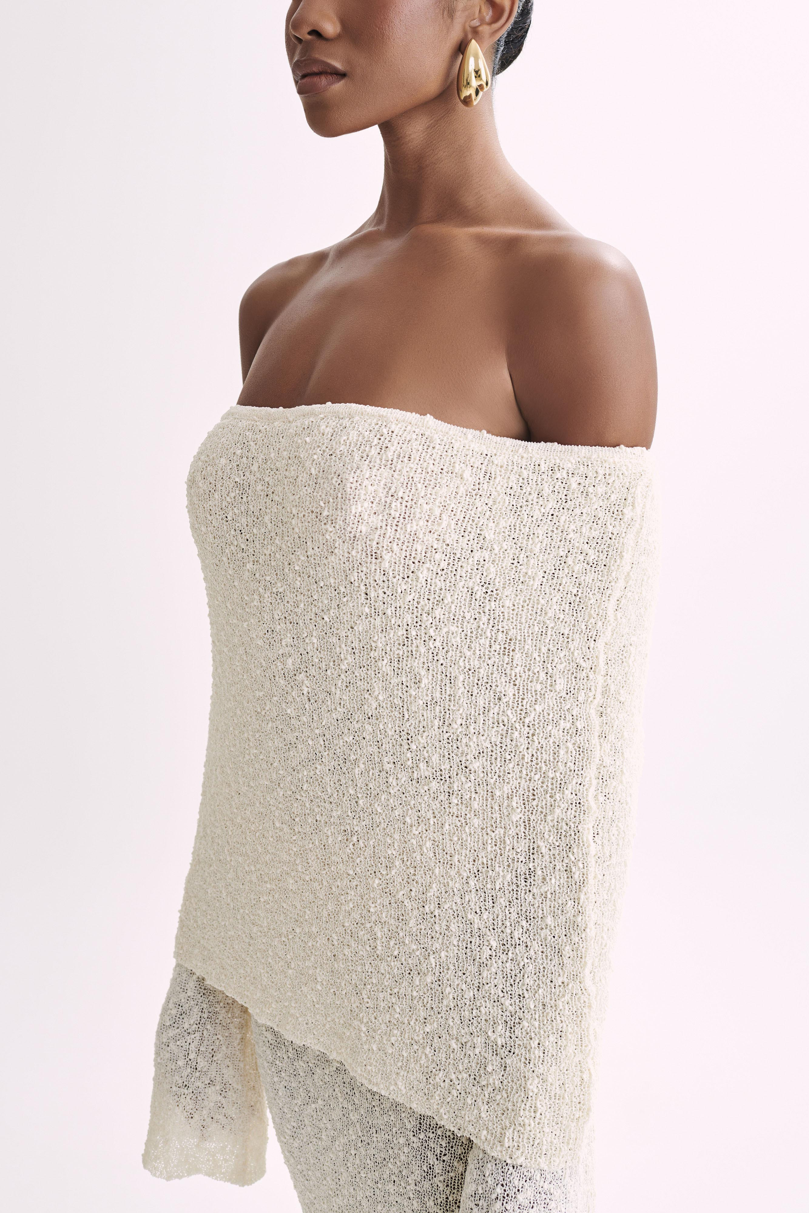 Off Shoulder Boucle Maxi Dress - Ivory | MESHKI US