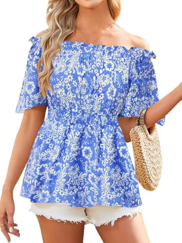 Poetsky Women's Summer Off The Shoulder Peplum Tops Sexy Ruffle Short Sleeve Blouses Dressy Casua... | Amazon (US)