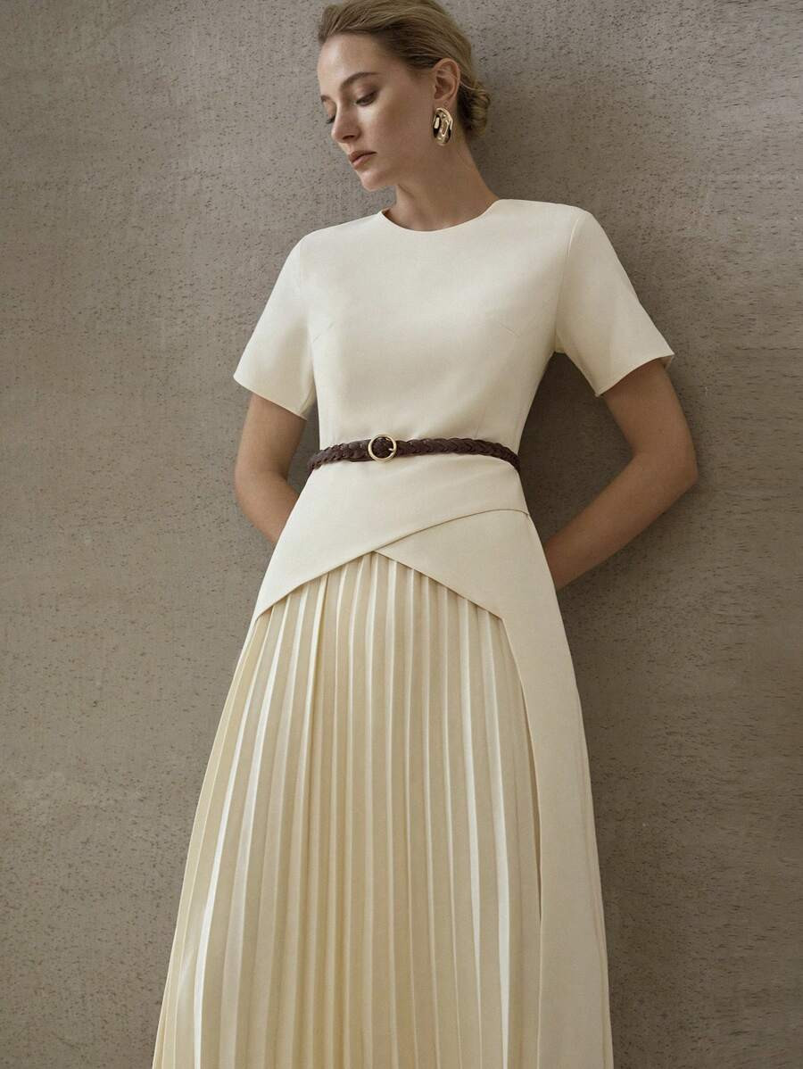 MOTF PREMIUM SOLID SHORT SLEEVE PLEATED PANEL DRESS | SHEIN