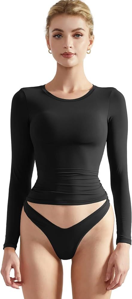 SUUKSESS Women Double Lined Fitted Basic T Shirts Crew Neck Long Sleeve Crop Top | Amazon (US)
