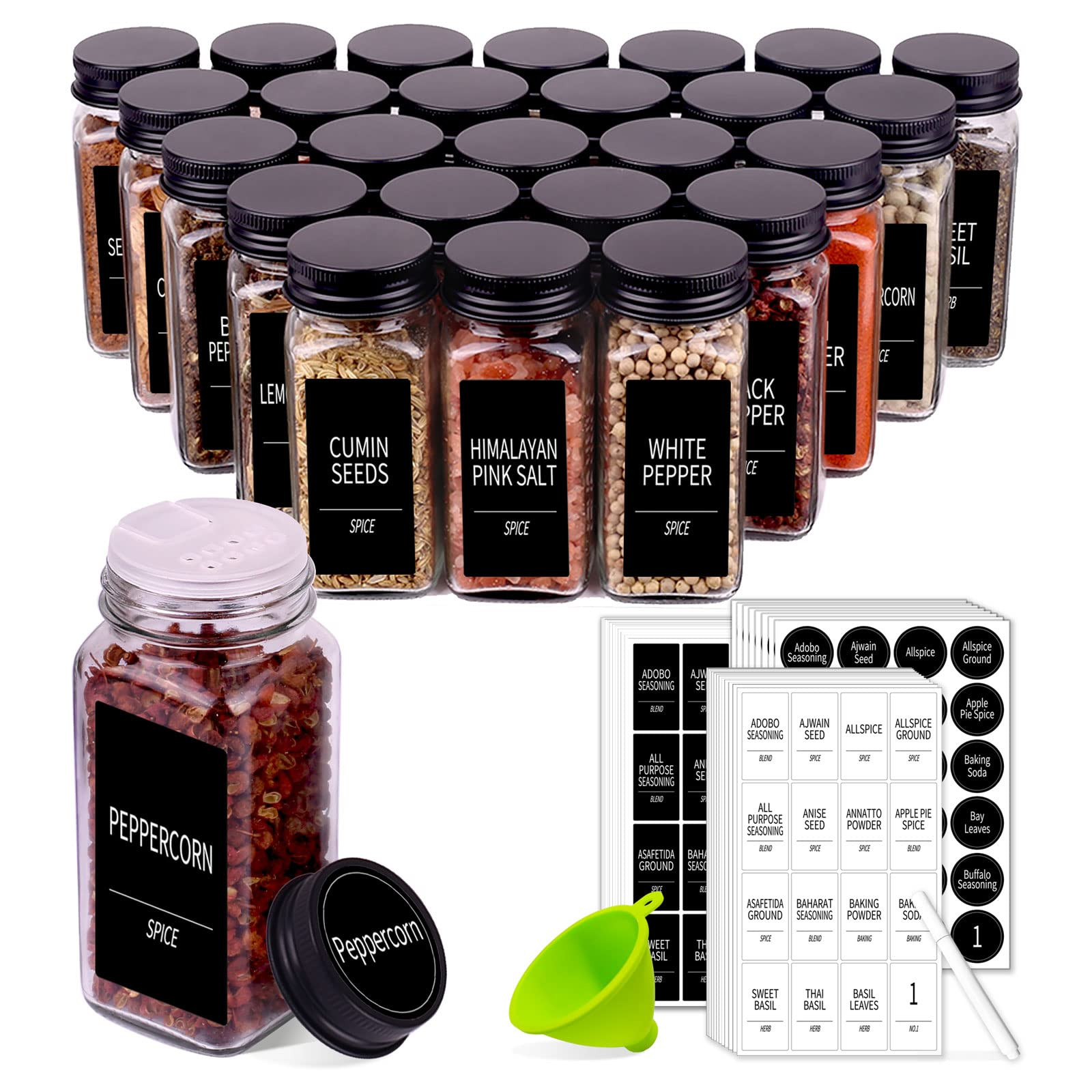 Churboro 25 Spice Jars with 547 Labels- Glass Spice Jars with Black Metal Caps, 4oz Empty Spice C... | Amazon (US)