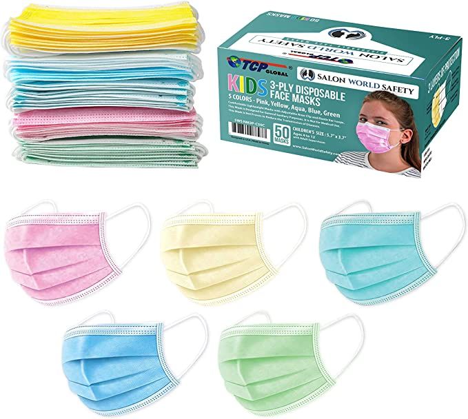 TCP Global Salon World Safety - Kids Face Masks 50 Pk 3-Ply Protective PPE (5 Colors, 10 Each) | Amazon (US)