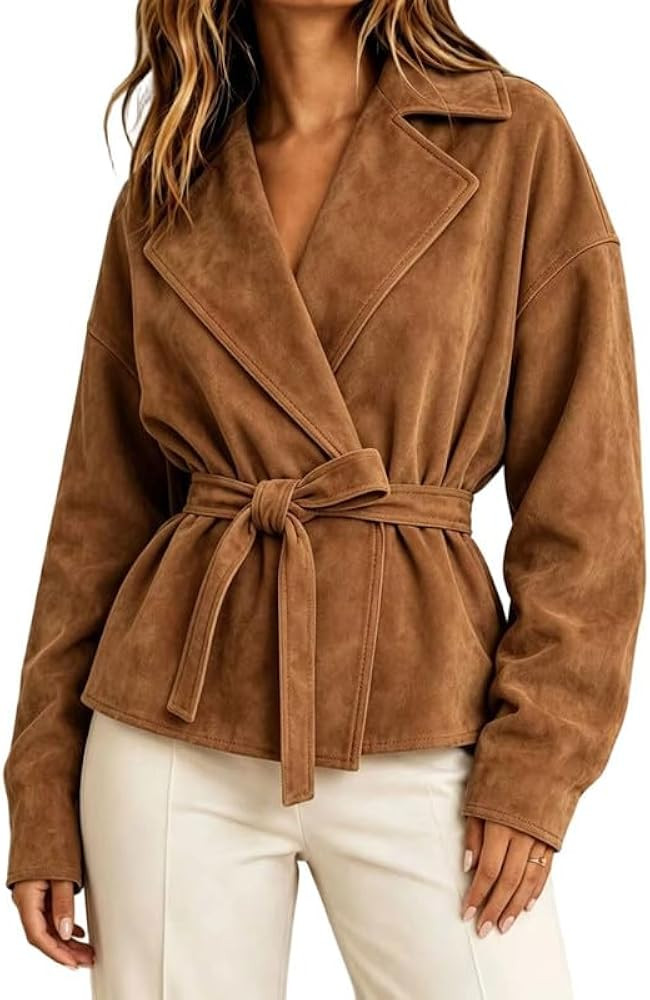 Faux Suede Short Trench Coat Women Notched Leather Belted Wrap Pea Coat | Amazon (US)