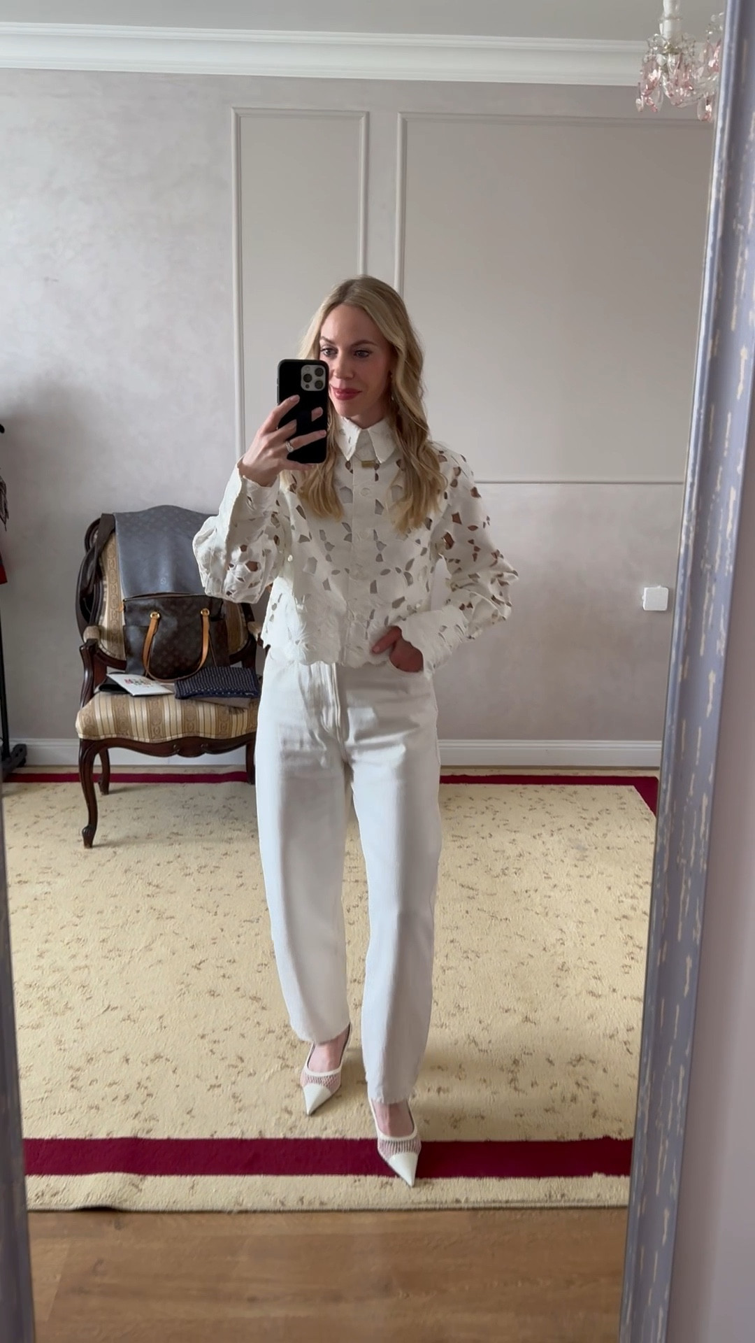 Spring fashion, barrel jeans, white denim, white eyelet lace top, mesh slingback pumps 

#LTKFindsUnder100 #LTKShoeCrush #LTKOver40